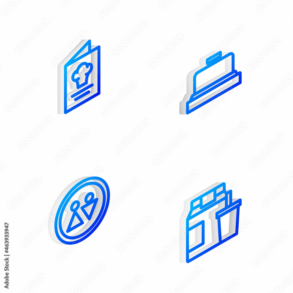 Set Isometric line Hotel service bell, Cookbook, Toilet and Online ordering and delivery icon. Vector Set Isometric line Hotel service bell, Cookbook, Toilet and Online ordering and delivery icon. Vector