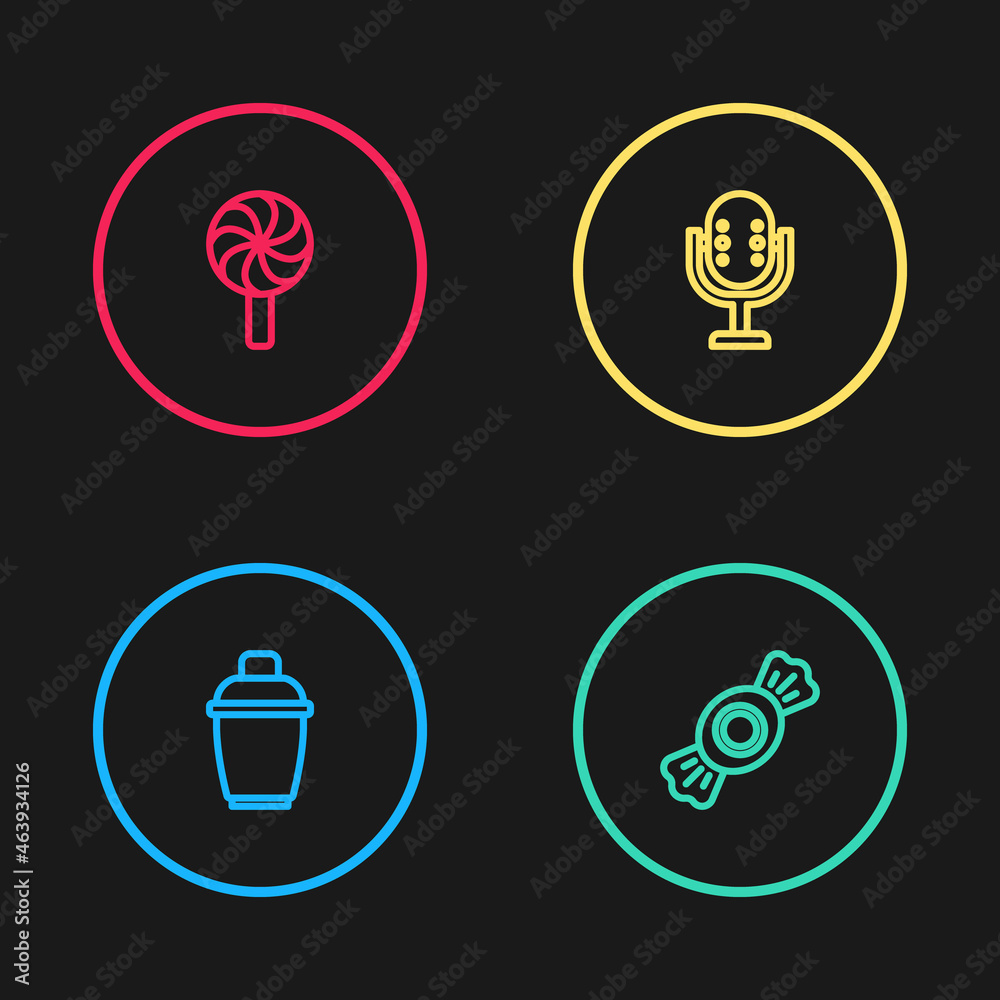 Set line Cocktail shaker, Candy, Microphone and Lollipop icon. Vector Set line Cocktail shaker, Candy, Microphone and Lollipop icon. Vector