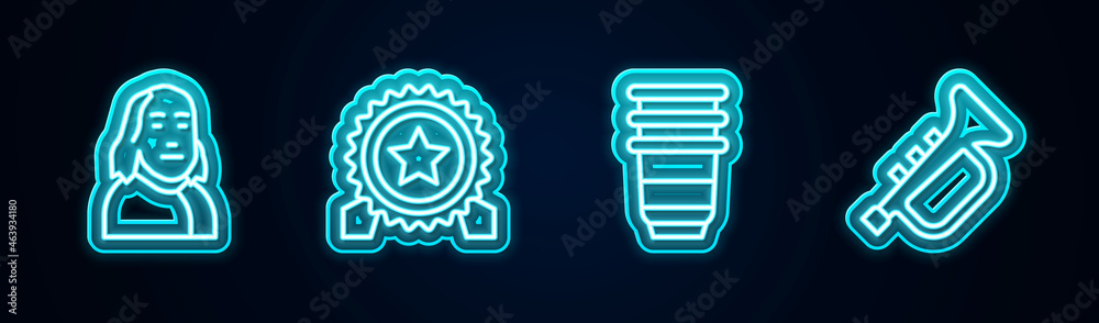 Set line Benjamin Franklin, Medal with star, Paper glass and Trumpet. Glowing neon icon. Vector Set line Benjamin Franklin, Medal with star, Paper glass and Trumpet. Glowing neon icon. Vector