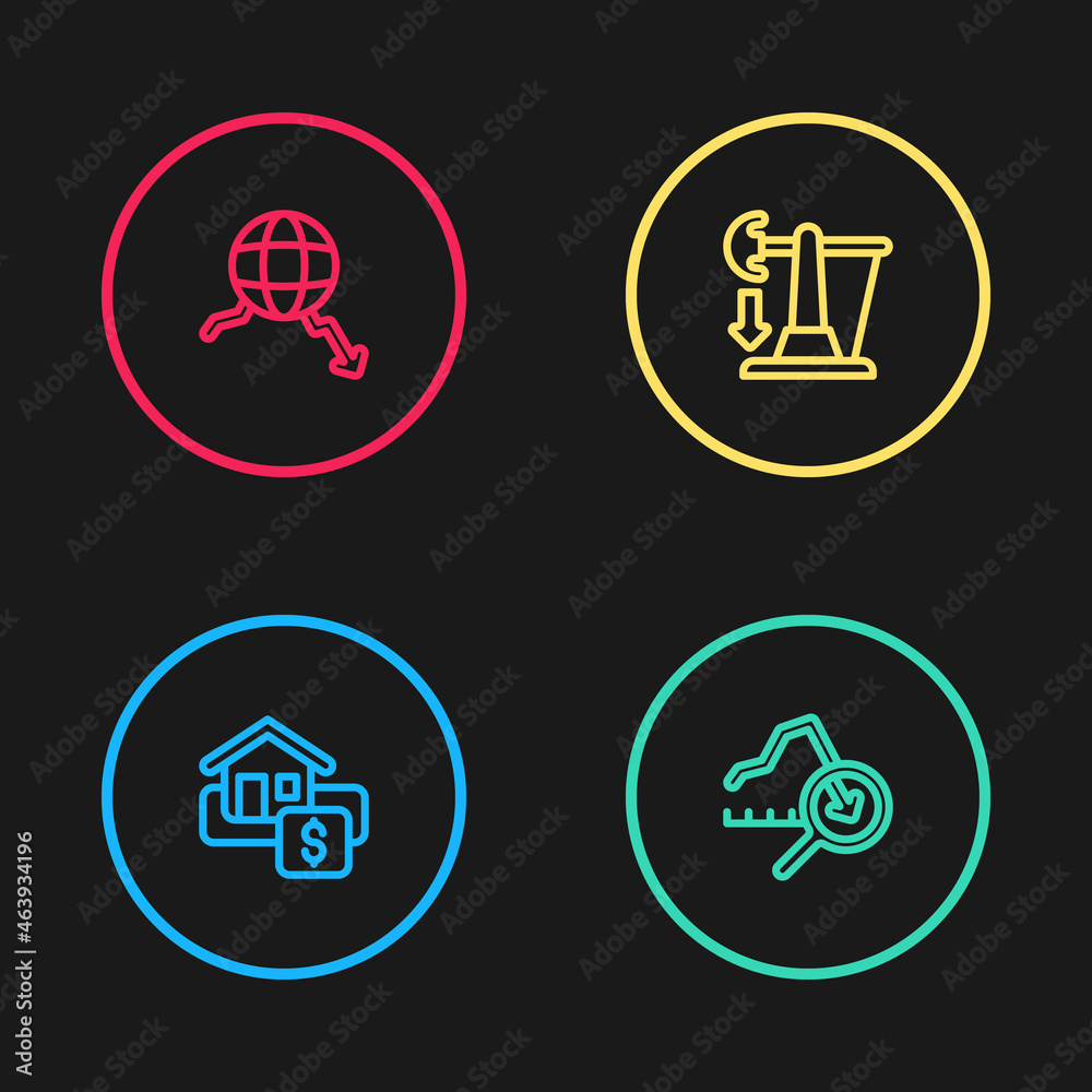 Set line Hanging sign with Sale, Global economic crisis, Drop crude oil price and icon. Vector Set line Hanging sign with Sale, Global economic crisis, Drop crude oil price and icon. Vector