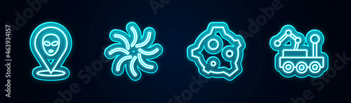 Set line Alien, Black hole, Asteroid and Mars rover. Glowing neon icon. Vector