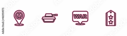 Set line Location peace, The word war, Military tank and rank icon. Vector