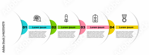 Set line Peace, Rocket launcher, Military rank and reward medal. Business infographic template. Vector