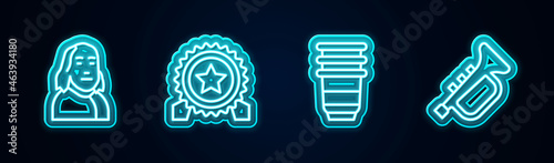 Set line Benjamin Franklin, Medal with star, Paper glass and Trumpet. Glowing neon icon. Vector
