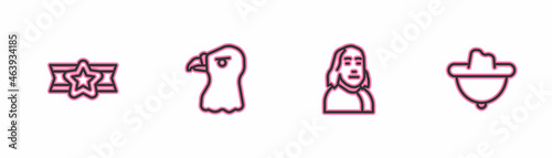 Set line Star American military, Benjamin Franklin, Eagle head and Western cowboy hat icon. Vector