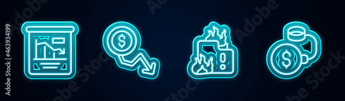 Set line Pie chart infographic, Dollar rate decrease, Fire burning house and Debt ball chained to coin. Glowing neon icon. Vector