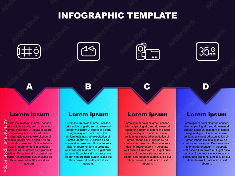 Set line Selfie on mobile, Repeat track music player, Cinema camera and Audio jack. Business infographic template. Vector Set line Selfie on mobile, Repeat track music player, Cinema camera and Audio jack. Business infographic template. Vector