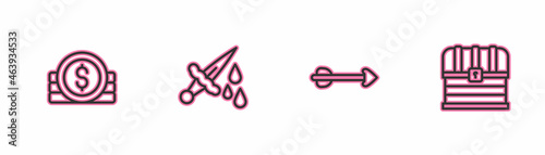 Set line Ancient coin, Arrow, Sword with blood and Chest icon. Vector