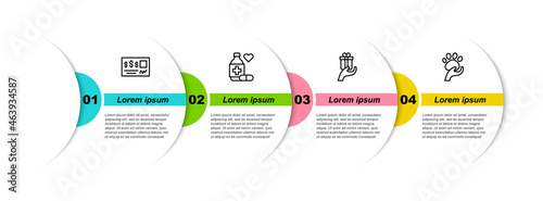 Set line Bank check, Medicine bottle and pills, Give gift and Animal volunteer. Business infographic template. Vector