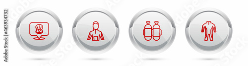 Set line Scallop sea shell, Wetsuit for scuba diving, Aqualung and . Silver circle button. Vector