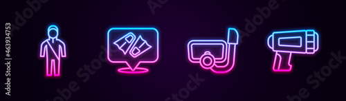 Set line Wetsuit for scuba diving, Flippers swimming, Diving mask with snorkel and Flashlight diver. Glowing neon icon. Vector