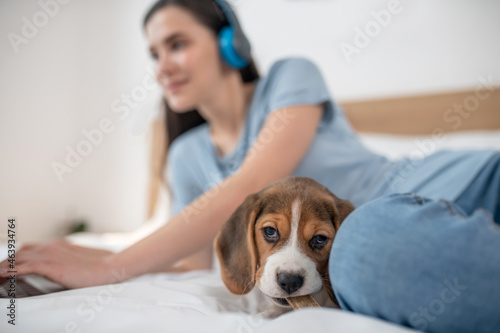 Dark-haired young woman listening to music and spending time online