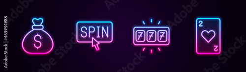 Set line Money bag, Slot machine spin button, with jackpot and Playing card heart. Glowing neon icon. Vector