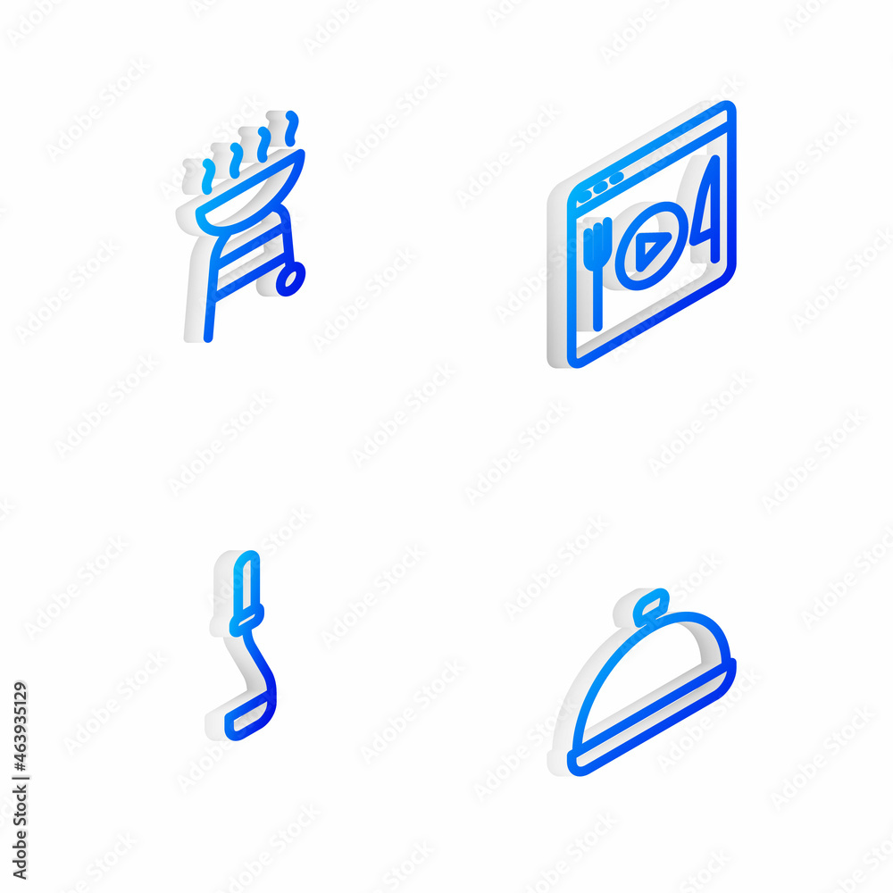 Set Isometric line Cooking live streaming, Barbecue grill, Kitchen ladle and Covered with tray of food icon. Vector Set Isometric line Cooking live streaming, Barbecue grill, Kitchen ladle and Covered with tray of food icon. Vector