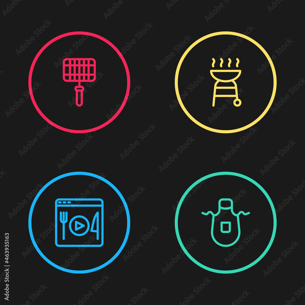 Set line Cooking live streaming, Kitchen apron, Barbecue grill and steel grid icon. Vector Set line Cooking live streaming, Kitchen apron, Barbecue grill and steel grid icon. Vector