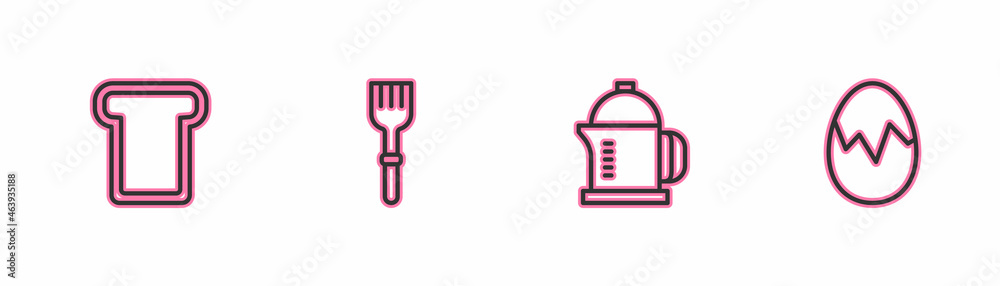Set line Bread toast, French press, Fork and Broken egg icon. Vector Set line Bread toast, French press, Fork and Broken egg icon. Vector