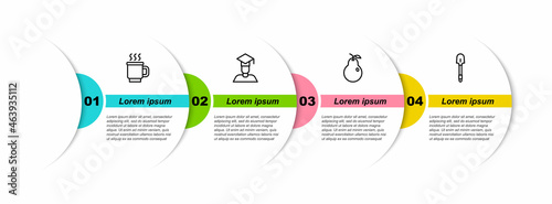 Set line Cup of tea, Graduate and graduation cap, Pear and Shovel. Business infographic template. Vector