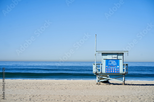 Lifeguard stand in Hermosa Beach Strand. Southern California, US