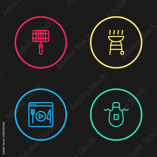 Set line Cooking live streaming, Kitchen apron, Barbecue grill and steel grid icon. Vector