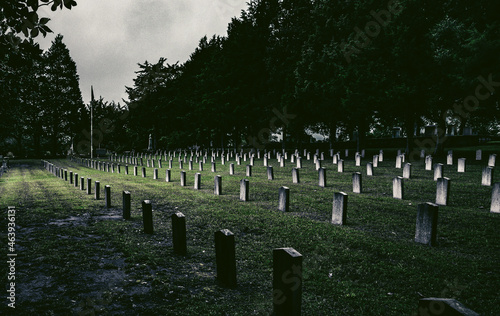 Civil War Confederate Cemetery in Newnan, Georgia rows of headstones in historic graveyard