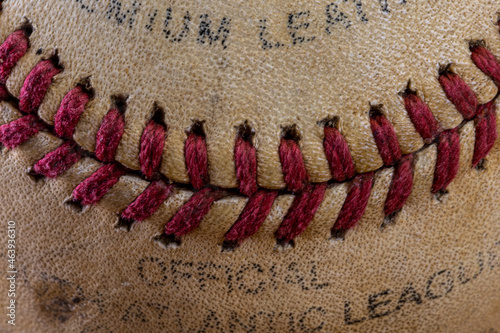 close-up of worn game baseball and stitching sports background macro with high detail and filling frame