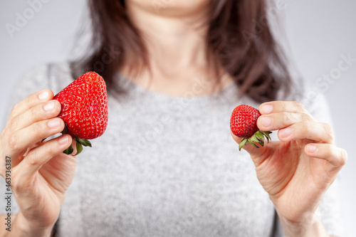 A white woman is holding a big and a small strawberry in her hand. Concept image for natural vs growth hormone induced farming practices and hybrid species. Shallow depth of field image
