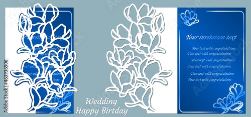 Vector illustration Postcard. Invitation and greeting card. Pattern for the laser cut. flower white. flower, leaf, magnolia