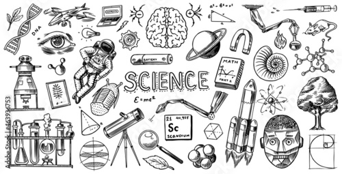 Science banner. Engraved hand drawn in old sketch and vintage style. Astronaut and rocket. Scientific formulas and calculations in physics and mathematics and biology or astronomy on whiteboard.