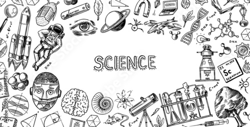 Science banner or poster. Engraved hand drawn in old sketch and vintage style. Astronaut and rocket. Scientific formulas and calculations in physics and mathematics and astronomy on whiteboard.