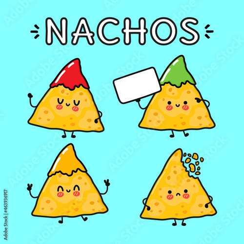 Funny cute happy nachos characters bundle set. Vector hand drawn doodle style cartoon character illustration icon design. Cute nachos mascot character collection