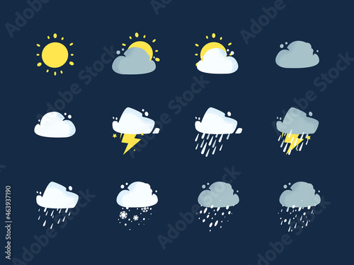 Weather condition icon set on dark blue background, best for animation, app design and print, editable vector.