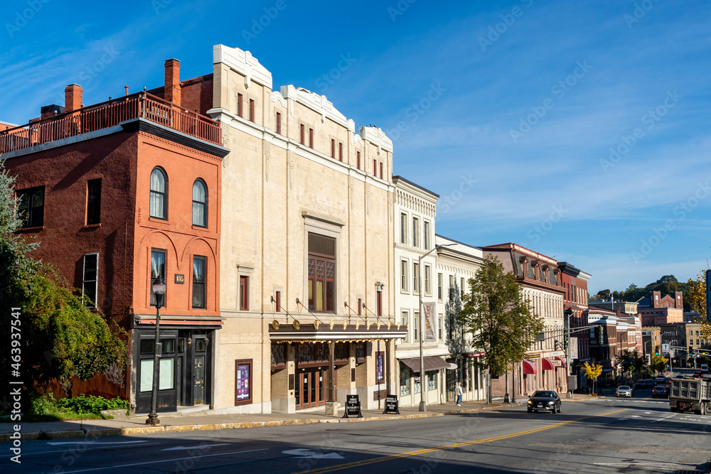 Bangor, ME - USA - Oct. 12, 2021: Three quarter view of the  Penobscot Theatre Company on Main Street. Built in 1920 and is an early example of Art Deco/Egyptian Revival architecture.