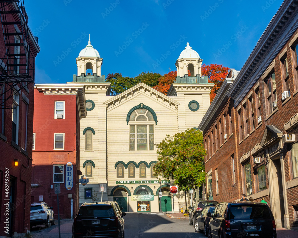 Bangor, ME - USA - Oct. 12, 2021: Horizontal view of the Columbia Street Baptist Church, one of Bangor's historic downtown churches