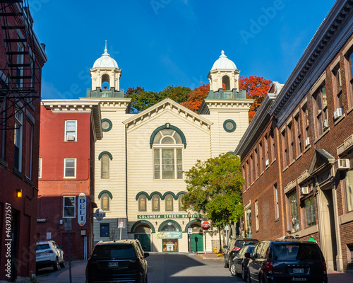 Bangor, ME - USA - Oct. 12, 2021: Horizontal view of the Columbia Street Baptist Church, one of Bangor's historic downtown churches
