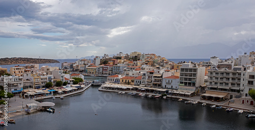 panoramic view of Lake Voulismeni in Agios Nikolaos in Crete before the rain.