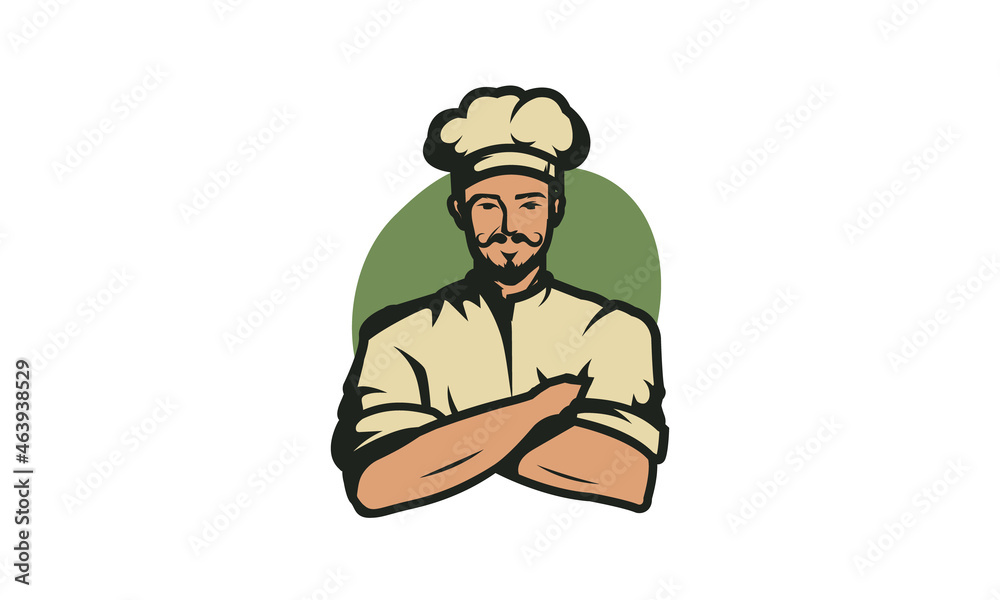 Chef logo, badge, label. Professional chef in arm folding position isolated on white background. Restaurant and other dining facilities logo concept. Vector illustration  