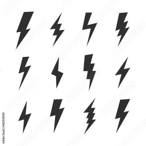 Set of 12 Lightning flat icons. Thunderbolts icons isolated on white background. Vector illustration
