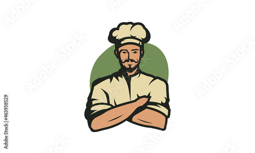 Chef logo, badge, label. Professional chef in arm folding position isolated on white background. Restaurant and other dining facilities logo concept. Vector illustration  