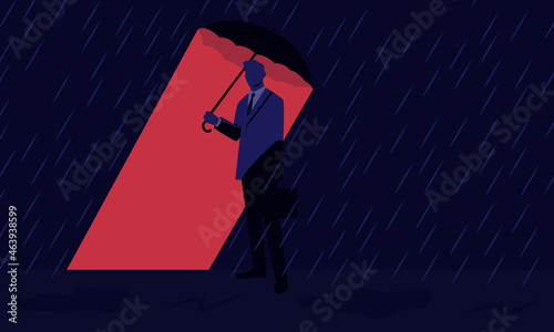 Man with umbrella under rain. A man dressed in a suit holds an umbrella in rainy weather. Business insurance concept. Vector illustration.  