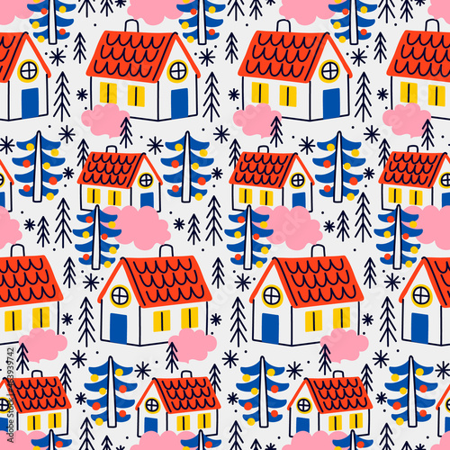 Seamless pattern with houses and christmas trees. Great for fabric, textile, wrapping paper. Vector Illustration