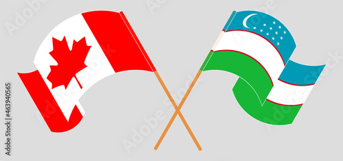 Crossed and waving flags of Canada and Uzbekistan