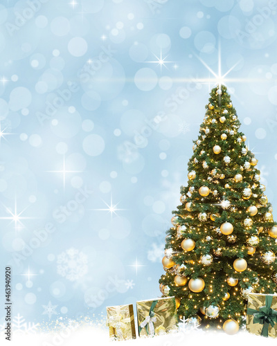 Golden Christmas tree balls , abstract background snow