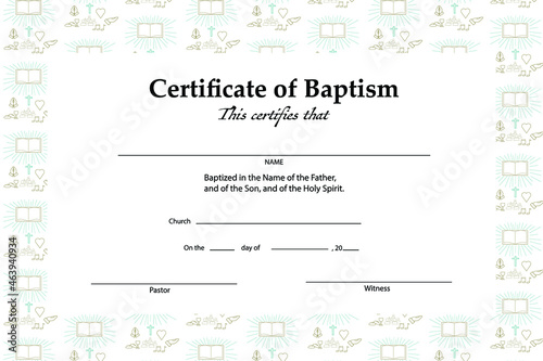 Certificate of baptism template, with Christian religion sign and symbol pattern seamless.