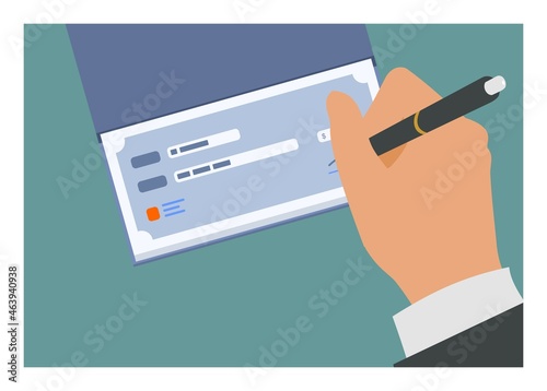 Hand giving signature on paper check book. Simple flat illustration photo