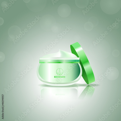 Cosmetic hand cream isolated on background. For ads, placard and cover. Hand cream for marketing and advert. Skincream bottle. 3D realistic container template with open lid. Vector illustration photo