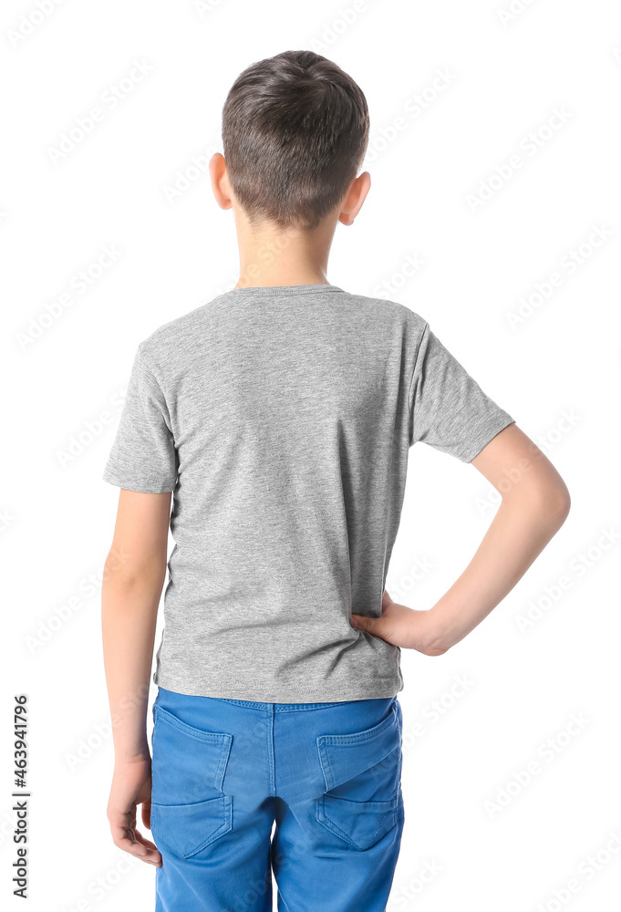 Little boy in stylish t-shirt on white background, back view Little boy in stylish t-shirt on white background, back view