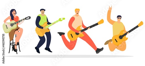 Flat design vector musicians playing guitar illustration