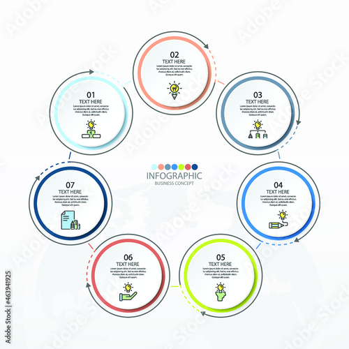 Basic circle infographic template with 7 steps, process or options, process chart, Used for process diagram, presentations, workflow layout, flow chart, infograph. Vector eps10 illustration.