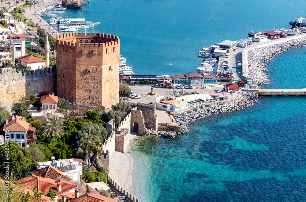 Close up photo of Red Tower which locally  known as Kızıl Kule in Alanya, Antalya, Turkey.