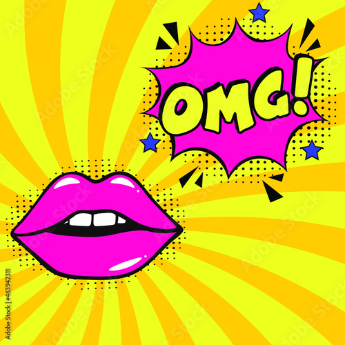 OMG comic style message in red speech bubble. Colored pop art style sound effect. Halftone vector illustration banner. Vintage comics book poster. Colored funny cloud font